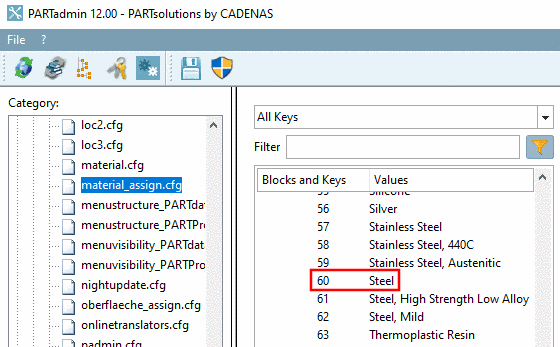 PARTadmin: Configuration of the material selection in PARTdataManager