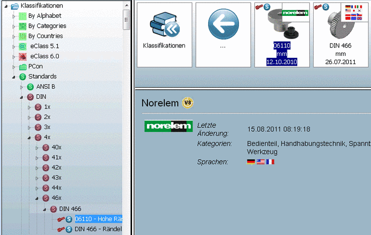Part selection - "Classes" index page - Standards classification