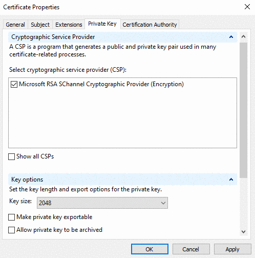 Certificate Properties > Private Key