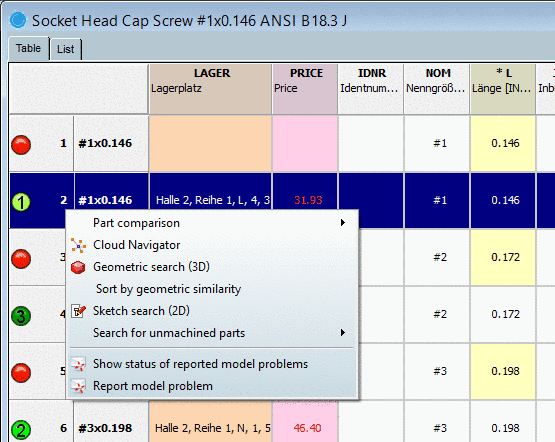 Part view, tabbed page "Table"