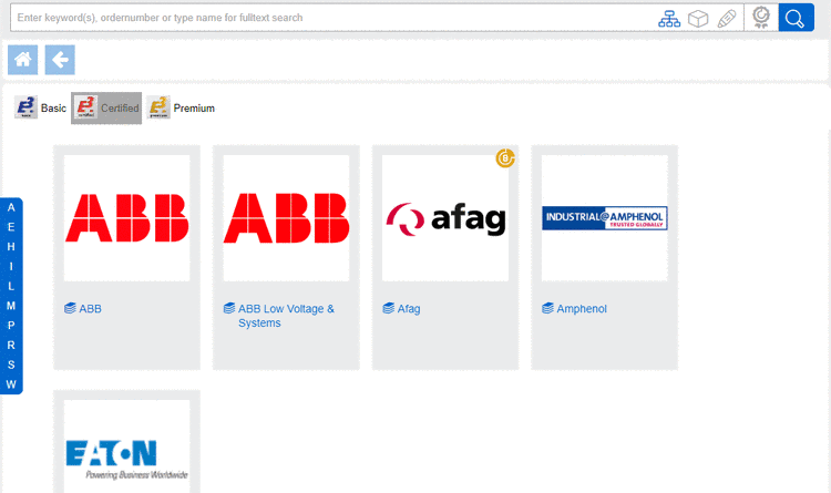 Exemplary catalog selection via first letter of catalog