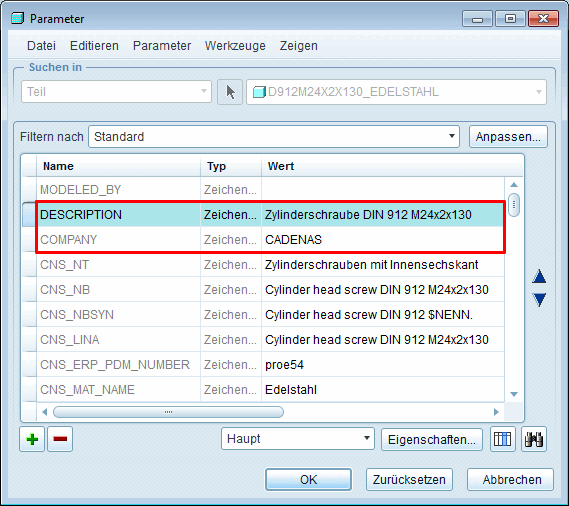 Creo : Paramètres - Attributs de "CadDocumentAttributes
