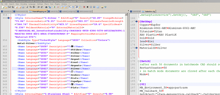 A gauche de la page : Inventor/Design Data/MaterialMapping.xml - A droite : $CADENAS_SETUP/ifadeskinv.cfg