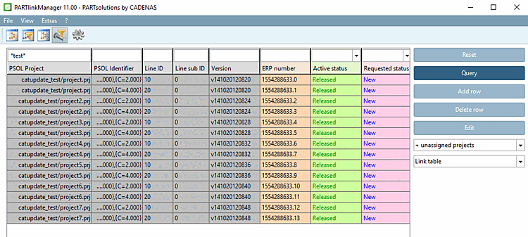 Situation de départ dans le PARTlinkManager