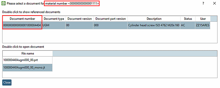Dans la ligne de titre, vous voyez le numéro d'article SAP, et dans le dialogue, les documents liés.