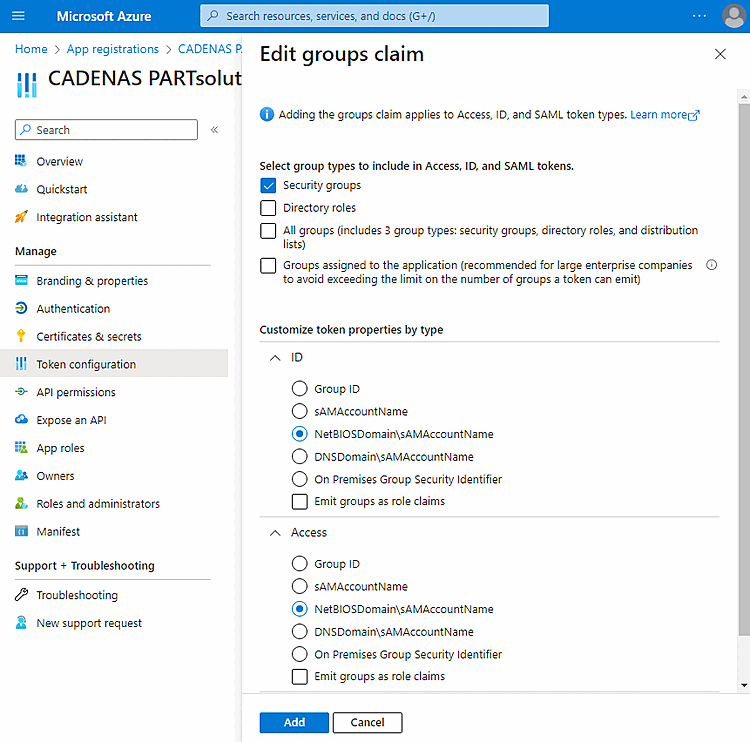 Microsoft Azure "Configuration des tokens" -> "Modifier la revendication de groupe".