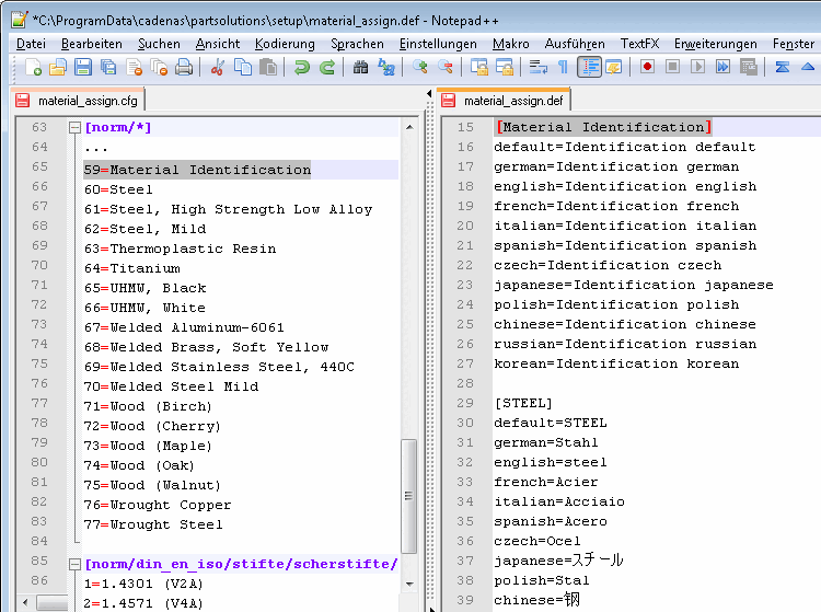 Gauche : $CADENAS_SETUP/material_assign.cfg - Droite : $CADENAS_SETUP/material_assign.def