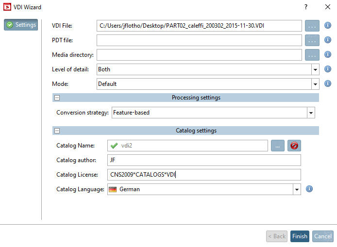 Assistant VDI [VDI Wizard] -> Paramètres [Settings]