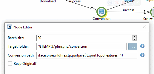 Exemple de synchronisation PLM : Éditeur de nœuds [Node Editor] > Chemin de conversion [Conversion path]