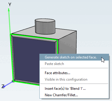 Les 4 arêtes ont été arrondies par fusion : "Créer une nouvelle esquisse sur la face sélectionnée [Generate sketch on selected face]" non applicable dans cette situation