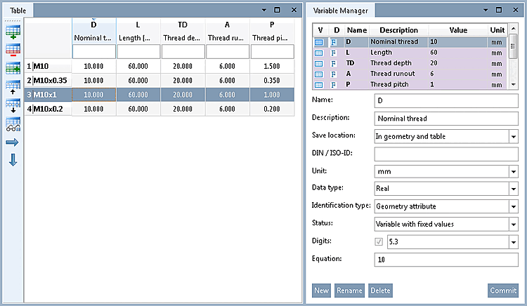 PARTdesigner : Variables dans le tableau et gestionnaire de variables