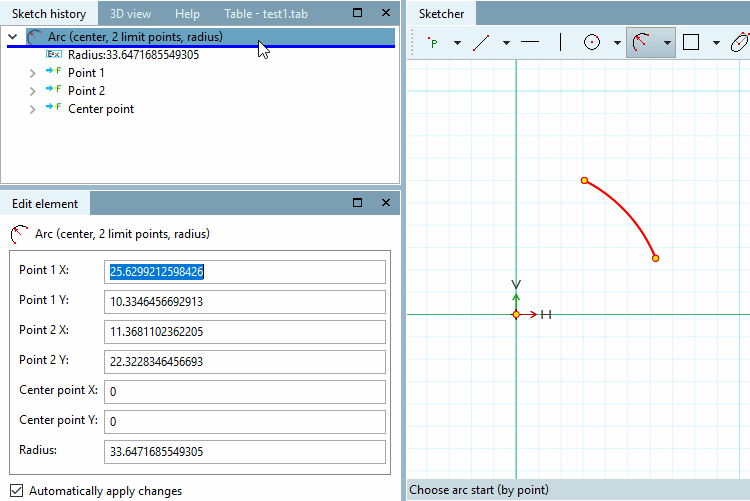 Arc passant par le centre, 2 points limites et rayon [Arc (center, 2 limit points, radius)]: résultat