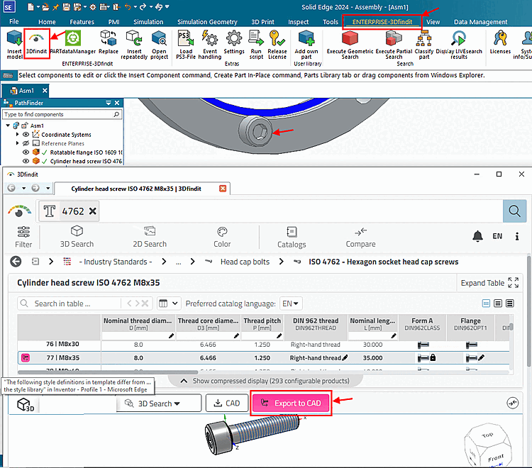 Appeler 3Dfindit via l'option de menu "ENTERPRISE-3Dfindit" -> sous-option "3Dfindit" et exporter la pièce dans la CAO