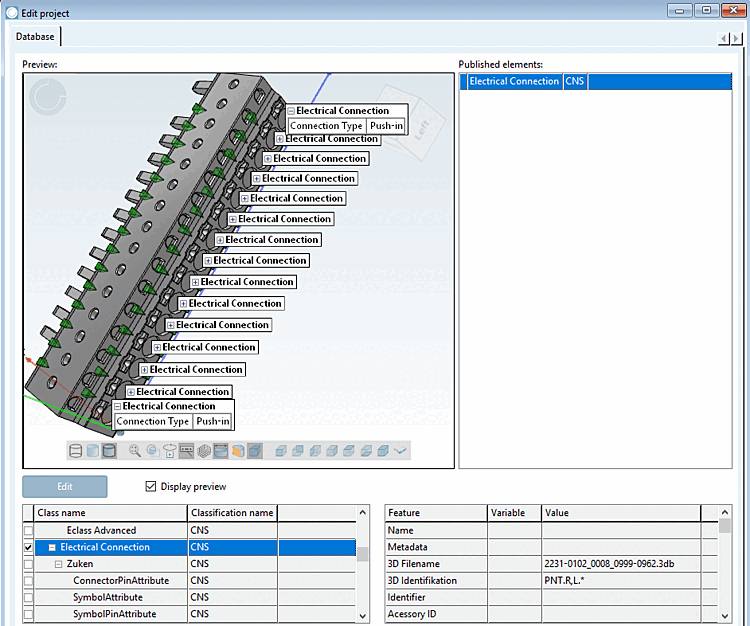 La caractéristique "Type de connexion [Connection type] = Push-in" a été définie à titre d'exemple.