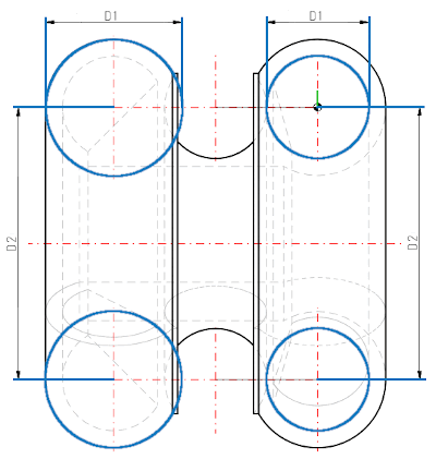 Exemple - Côté gauche Grand diamètre [Major Diameter] (D2) et Petit diamètre [Minor Diameter] (D1) d'un tore externe, côté droit d'un tore interne
