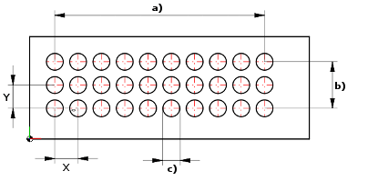 a) nombre de largeurs [Amount Width] (10 éléments dans l'exemple), b) nombre de hauteurs [Amount Height] (3 éléments dans l'exemple), c) diamètre des trous [Hole diameter]