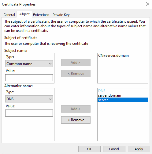 Propriétés du certificat > Demandeur