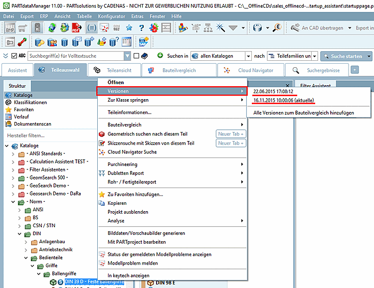PARTdataManager -> Menu contextuel des projets -> Versions