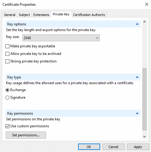Propriétés du certificat > Clé privée