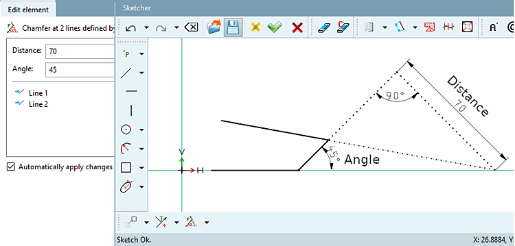 Chanfrein sur 2 lignes par l'angle et la distance au point d'intersection [Chamfer at 2 lines defined by angle at distance from intersection]