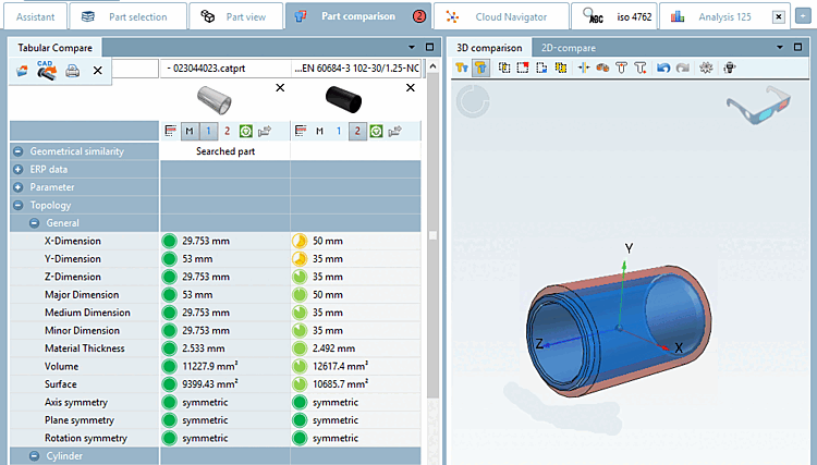 Comparaison de composants [Part comparison] -> Topologie [Topology] et comparaison 3D [3D comparison]