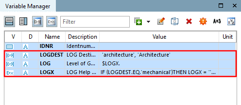 Variable Manager with LOGDEST, LOG, LOGX