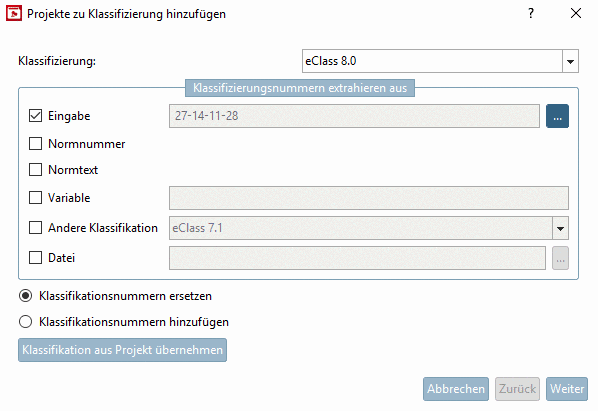 Dialog box "Add projects to classification"
