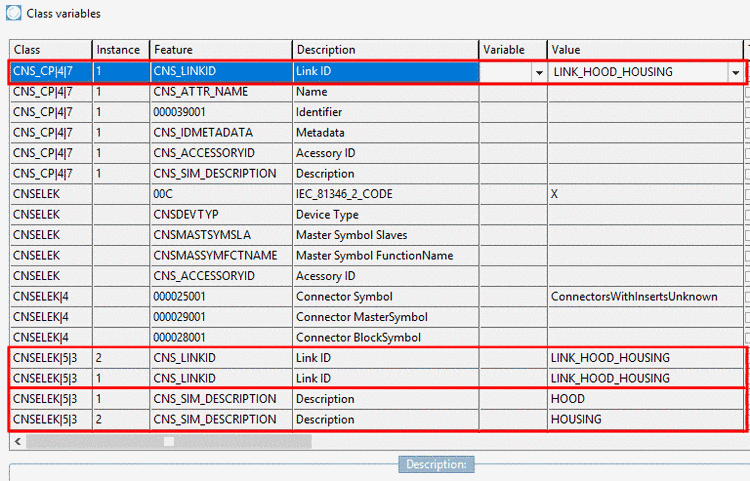 Example: The same named value "LINK_HOOD_HOUSING" links CNS_CP|4|7 and CNSELEK|5|3