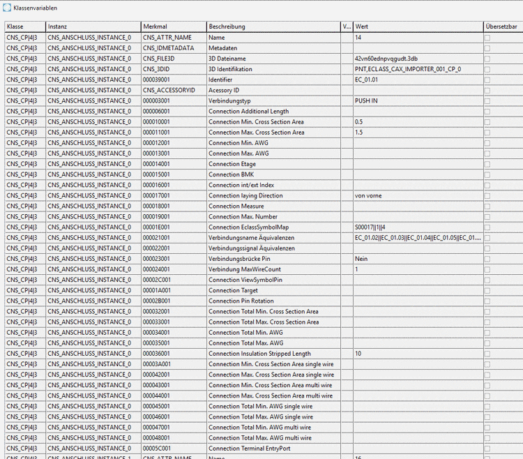 Attributes of "Electrical Connection" in the dialog "Class variables"