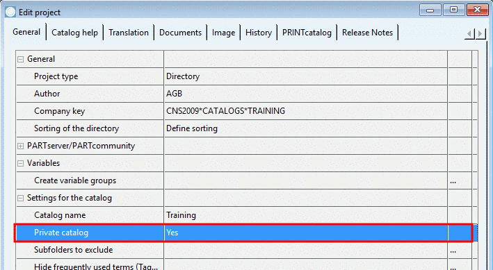 General tabbed page -> Settings for the catalog -> Private catalog