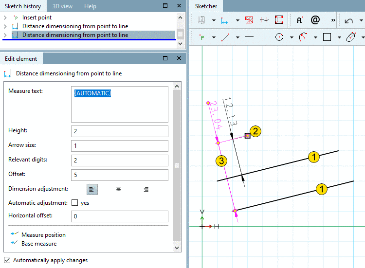 Distance dimensioning from point to line