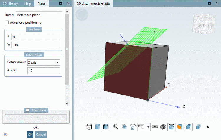 Example: The reference plane is shifted in the direction of Y axis (not the one of the global coordinate system, but the one of the selected [see above figure]) with the value of "-10" and rotated with 45° around the X axis (not the one of the global coordinate system, but the one of the selected [see above figure]).