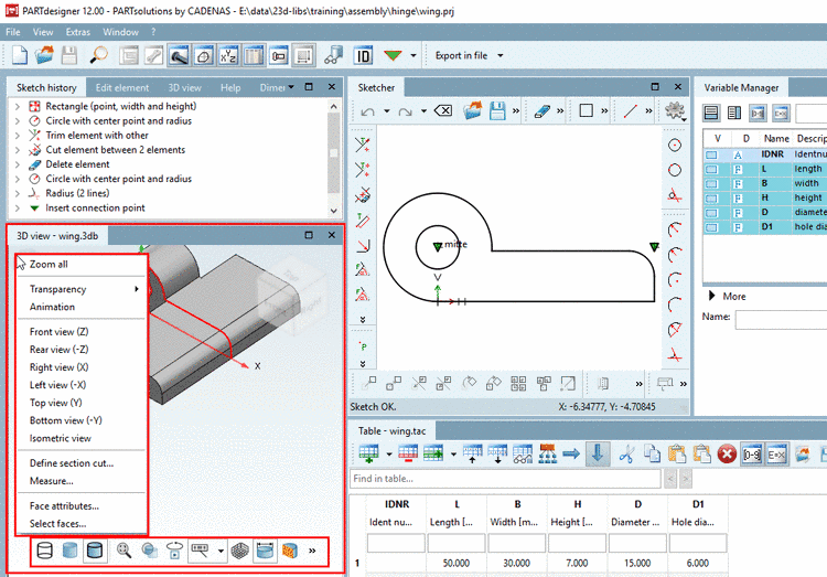 Docking window "3D view" context menu outside the part