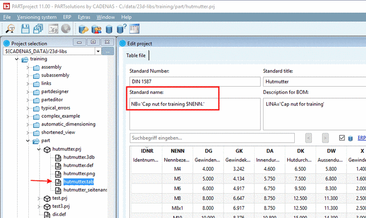 Standard name in PARTproject when selecting the tab file