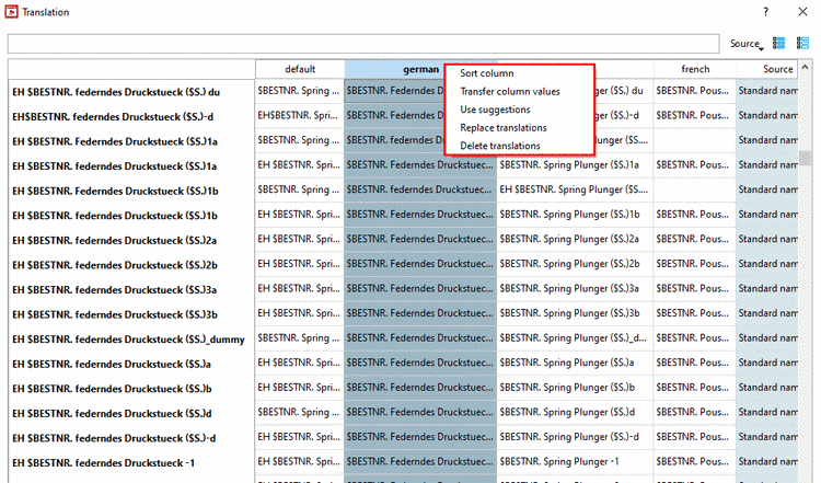 Table with context menu in column header
