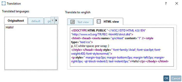 Dialog box "Translation" in the case of Media Variables