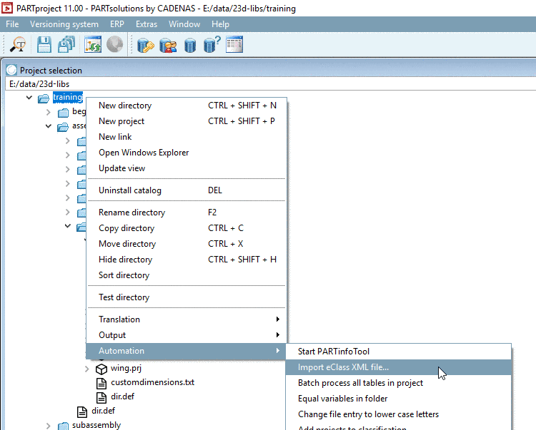 Context menu command on catalog level: Automation -> Import eClass XML file...