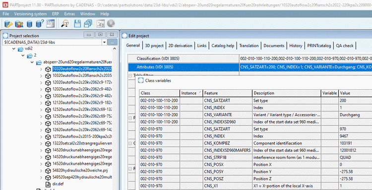 Dialog box "Class variables" with classes and features
