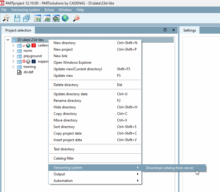 PARTproject > Menu contextuel répertoire racine du catalogue > "Gestion des versions [Versioning system]" > "Télécharger le catalogue depuis le serveur [Download catalog from server]".