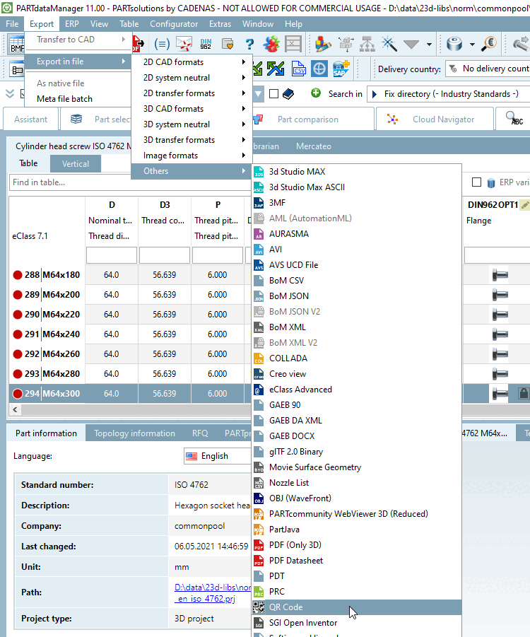 Format d'exportation : code QR