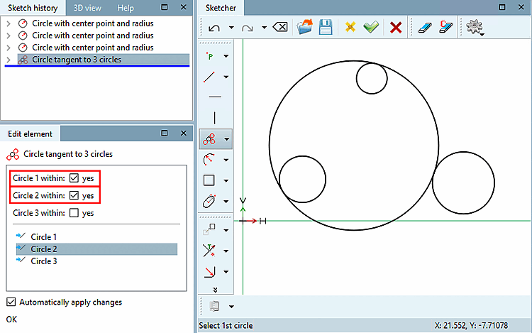 Exemple : Cercles 1 et 2 à l'intérieur du cercle tangent