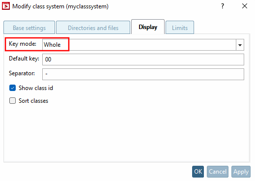 Modifier le système de classes [Modify class system] > onglet Présentation [Display] > Mode clé [Key mode] "Whole