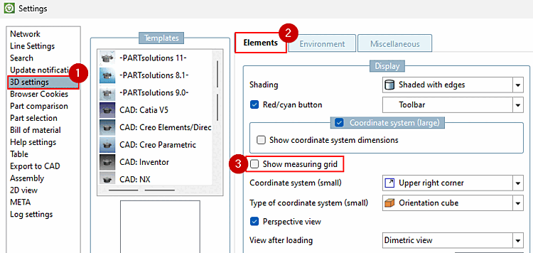 F10 → Paramètres [Settings] → Paramètres 3D [3D settings] → Éléments [Elements]