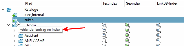 Exemple d'info-bulle : "Entrée manquante dans l'index [Missing index entry]".