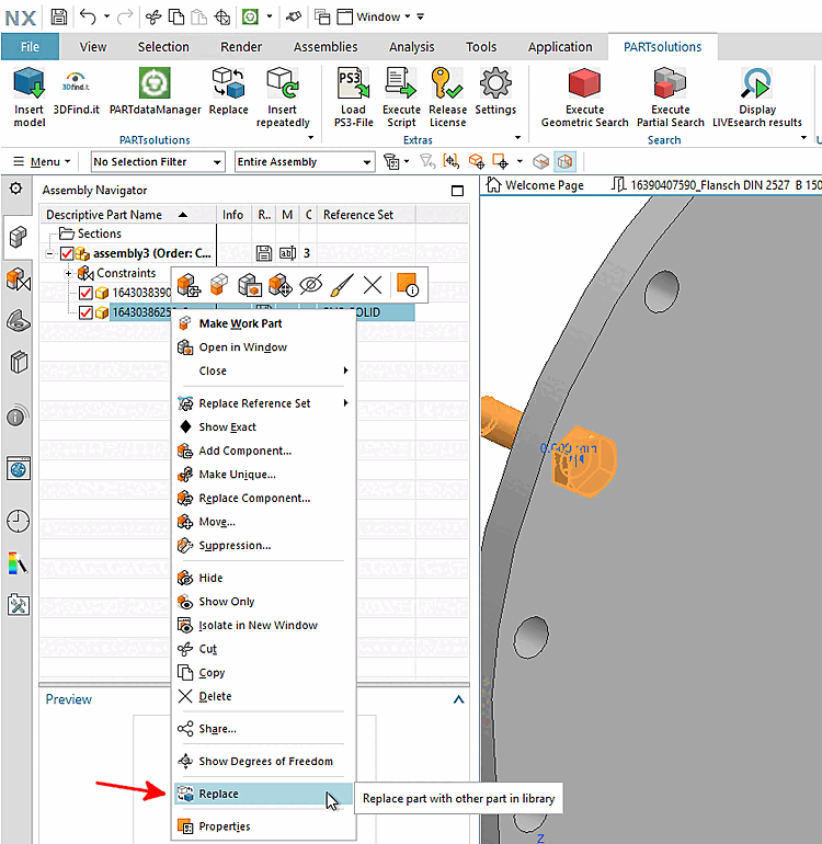 Commande de menu contextuel NX "Remplacer [Replace]
