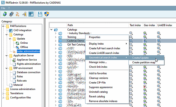 PARTadmin > Gestion des index [Index administration] > Sélection du catalogue > Commande du menu contextuel "Index de recherche géographique [Geometrical search index]" > Créer/Mettre à jour [Create/Update]