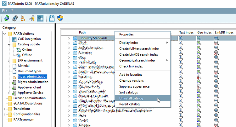 Gestion des index [Index administration] -> Menu contextuel du catalogue -> Désinstaller le catalogue [Uninstall catalog]