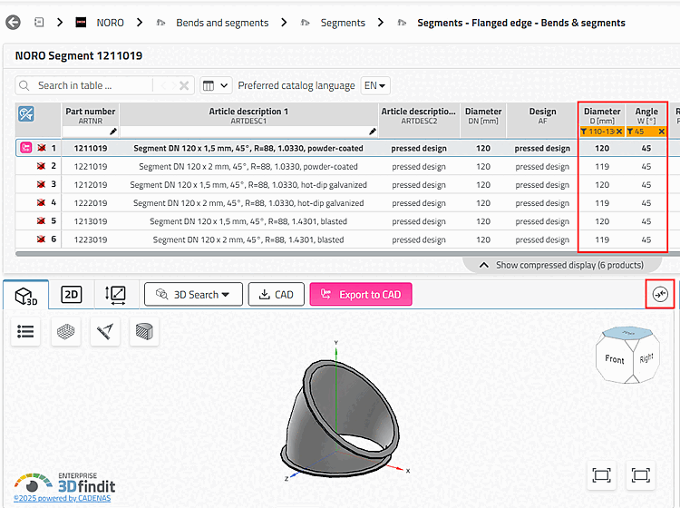 Filtrer le tableau par "diamètre" et "angle