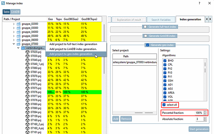 Dialogue "Manage index" (gérer l'index)