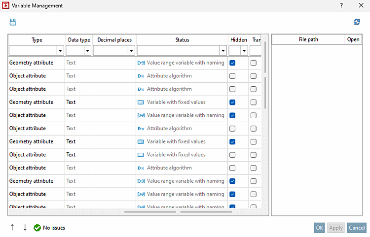 Fenêtre "Gestion des variables [Variable Management]